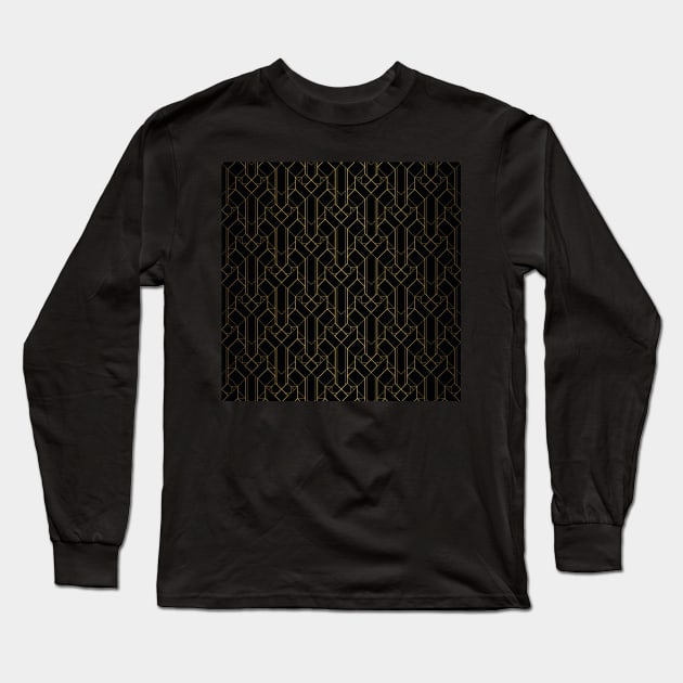 Black and Gold Fine Line Vintage Art Deco Geometric Pattern Long Sleeve T-Shirt by podartist